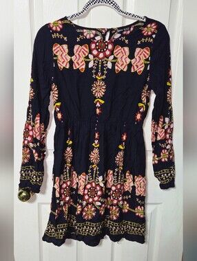 SHEIN Navy Floral Embroidered Long Sleeve Dress